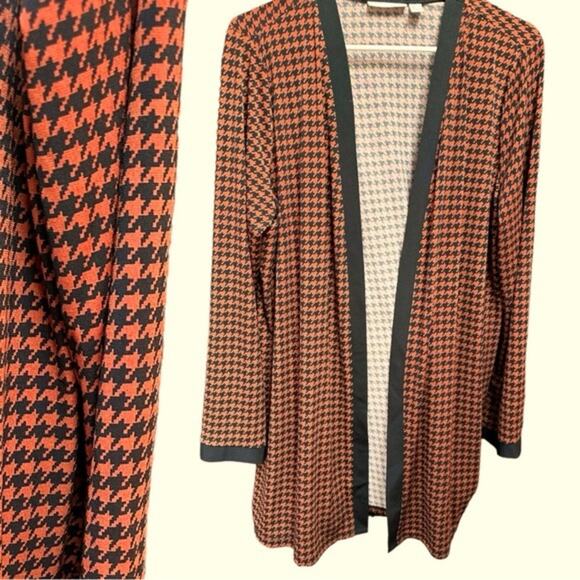 Susan Graver Liquid Knit Orange Black Houndstooth Cardigan Long Stretch Sz Large - Picture 1 of 4